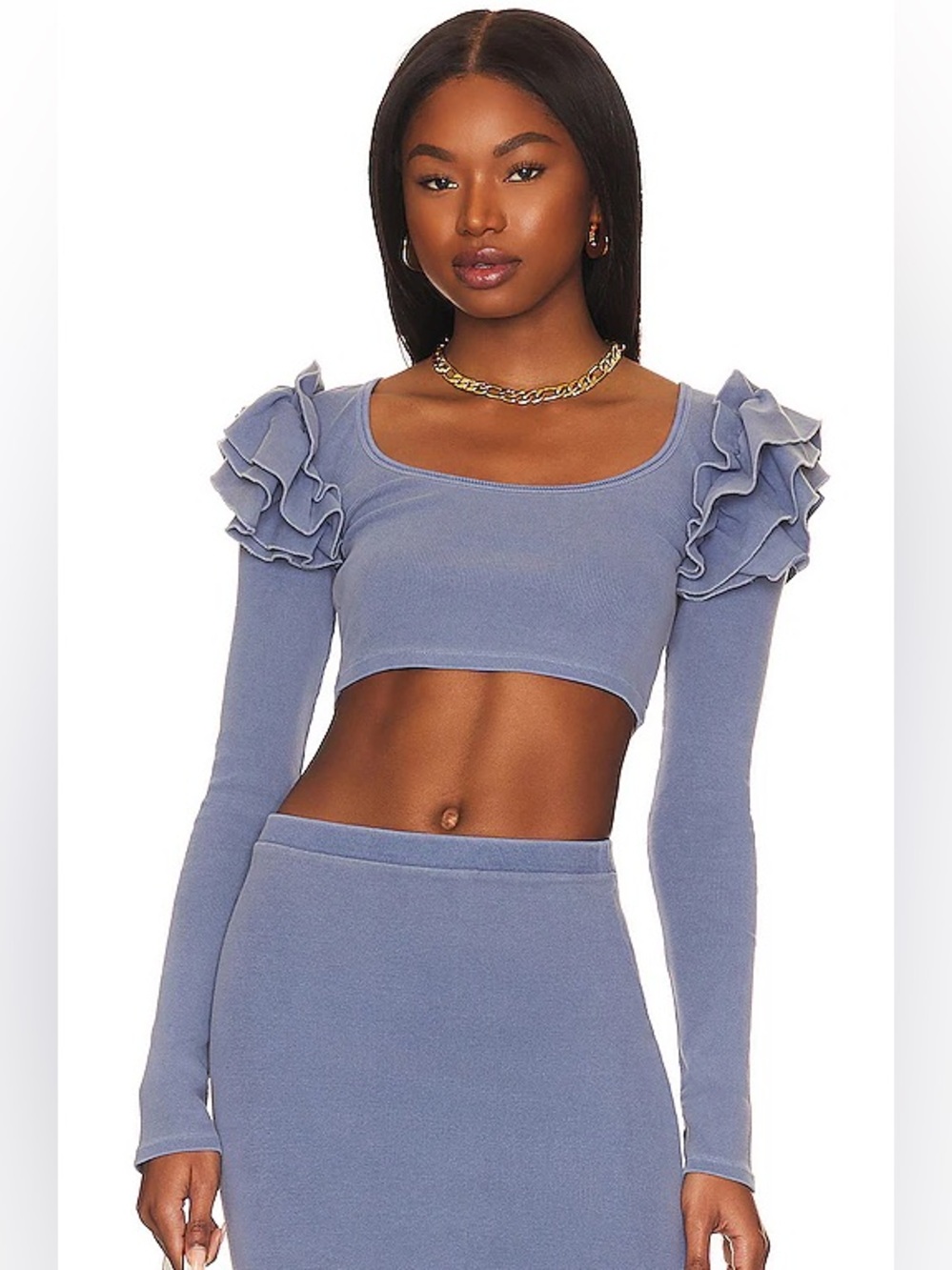 NWT $148 Tularosa Green Maeve Sz S Ruffle Shoulder Long-Sleeve Crop Top Revolve